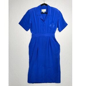 Spenser Jeremy Vintage 100% Silk Royal Blue Crest Midi Lux Shirt Dress Womens 12